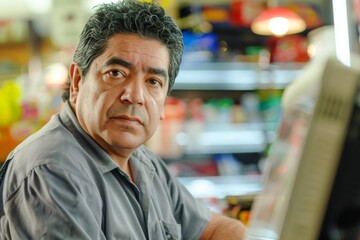 Obraz premium Portrait of a middle aged Hispanic male cashier