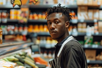 Fototapeta premium Portrait of a young African American male supermarket cashier