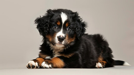 The image shows a young Bernese Mountain Dog puppy lying down with its front paws extended forward. It has a black coat with distinctive white and tan markings on its face, chest