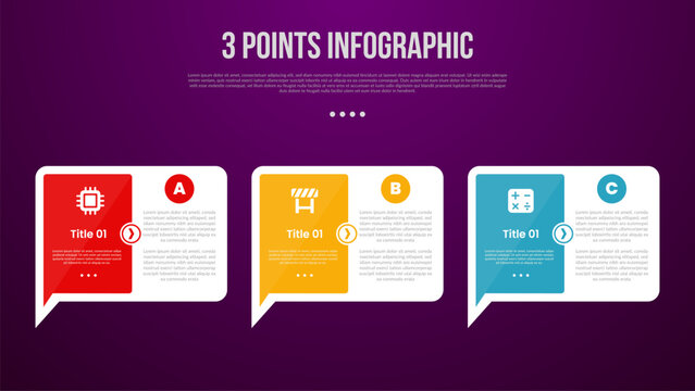 3 points or step process infographic with big callout comment box with arrow on bottom with modern dark style for slide presentation