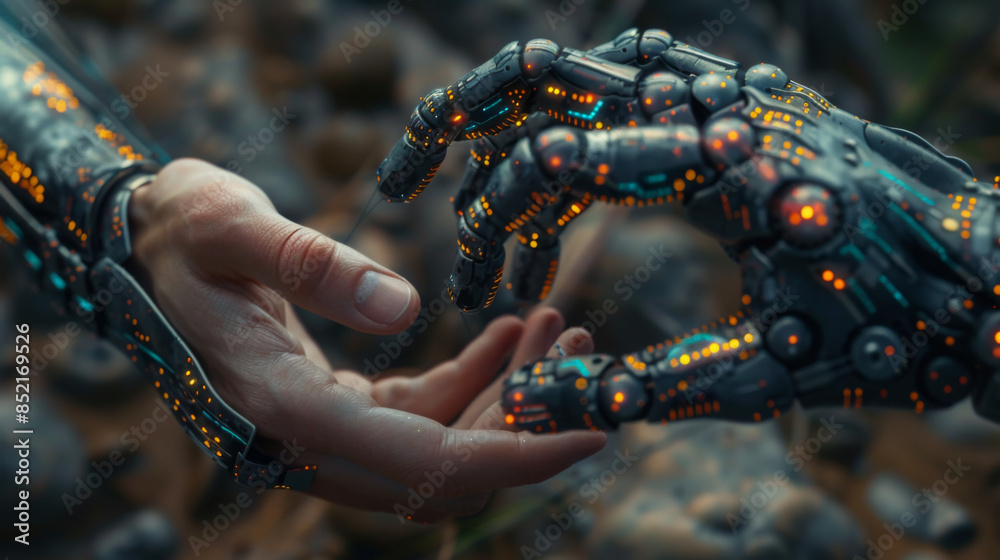 Wall mural hands of robot and human touching on dna connecting in virtual interface on future, science and inno
