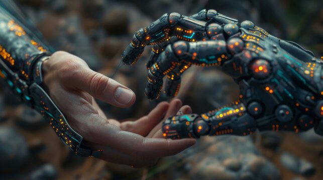 Hands of robot and human touching on DNA connecting in virtual interface on future, Science and innovation, Artificial intelligence technology concept