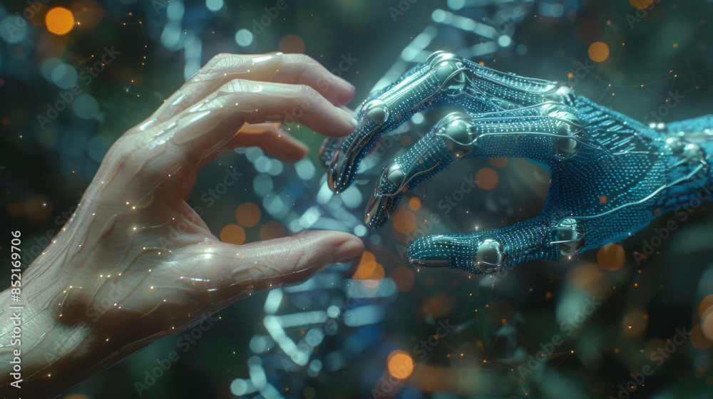 Wall mural hands of robot and human touching on dna connecting in virtual interface on future, science and inno