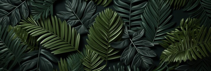 lush foliage of a dense tropical jungle with dark green overlapping leaves and a solid black background. High quality, clean, fresh, and vibrant jungle themed stock image for any design project