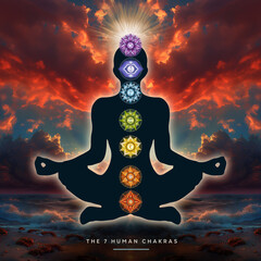 Human silhouette in yoga, lotus pose with 7 Chakras, mystical sunset by the sea. Peaceful poster for meditation and chakra energy healing.