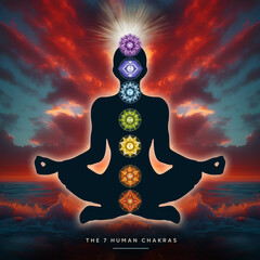 Human silhouette in yoga, lotus pose with 7 Chakras, mystical sunset by the sea. Peaceful poster for meditation and chakra energy healing.