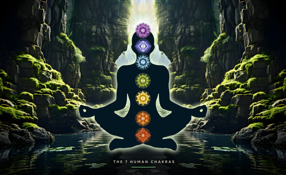Human silhouette in yoga, lotus pose with 7 Chakras, mystical waterfall landscape in the background. Peaceful poster for meditation and chakra energy healing.