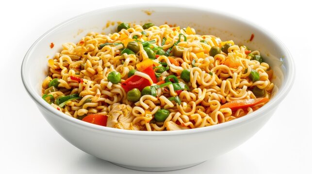Flavorful curry flavored instant noodles with chicken and vegetables displayed on a white background
