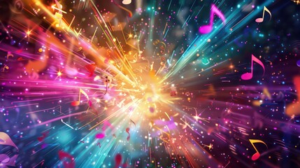Bright and colorful celebration of music with vibrant beams and floating musical notes. Generative AI