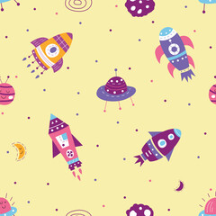 Seamless pattern of rocket on them space illustration