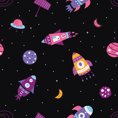 Seamless pattern of rocket on them space illustration