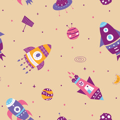 Seamless pattern of rocket on them space illustration