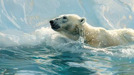 Basking in the sunshine a polar bear gracefully glides through the icy waters of the floe
