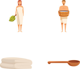 Illustration of two people ready for sauna, with towels, folded towels, and wooden scoop