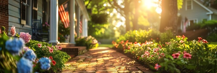 Patriotic decor highlighting front porch entrance on blurred background with copy space. Independence Day USA July 4