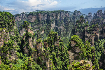 Natural quartz sandstone pillars the Avatar Hallelujah Mountain (1080) located in the Zhangjiajie National Forest Park in the Wulingyuan Area in northwestern Hunan Province China.