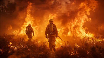 Fototapeta premium Brave firefighters battling a blaze, surrounded by smoke and flames, showcasing their heroism. 