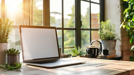 Fototapeta premium Blank screen laptop on wooden table in modern home with sunlight