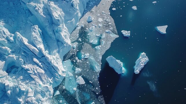 Capture the stunning aerial view of icebergs from a melting glacier in Ilulissat Greenland showcasing the impact of Climate Change and Global Warming on this Arctic wonderland within the maj