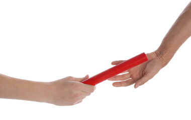 Man passing relay baton to teammate isolated on white, closeup