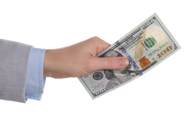 Money exchange. Woman holding dollar banknote on white background, closeup