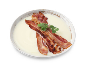 Delicious potato soup with bacon and parsley isolated on white