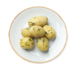 Plate with young boiled potatoes and dill isolated on white, top view