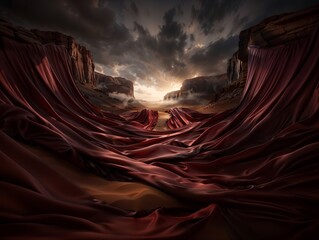 Surreal Desert Landscape with Flowing Red Fabric Against Dramatic Sky at Sunset