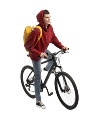 Naklejka premium Smiling man with backpack riding bicycle on white background