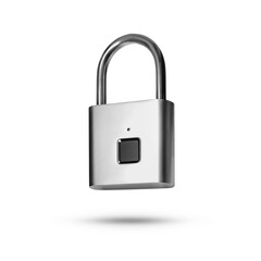 Modern fingerprint padlock in air on white background