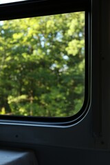 Blurred view of green trees through train window