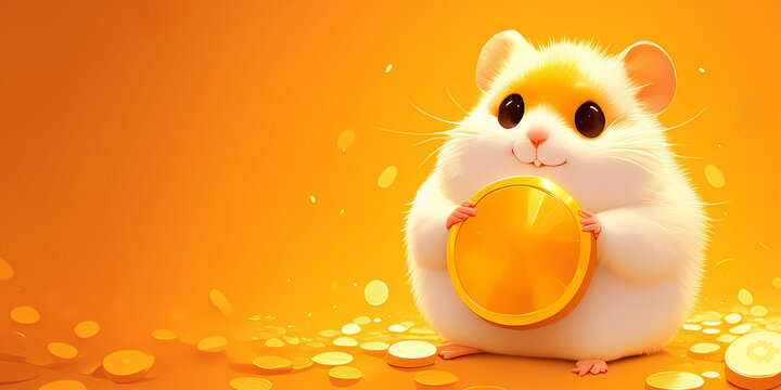 Cute little rich hamster sitting on a pile of coins and holding golden coin in paws on yellow background. Hamster Kombat game on cryptocurrency mining. Banner with copy space