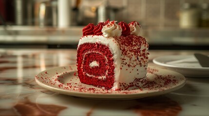Gourmet Red Velvet Cake Roll Set Against a Light-Filled Kitchen