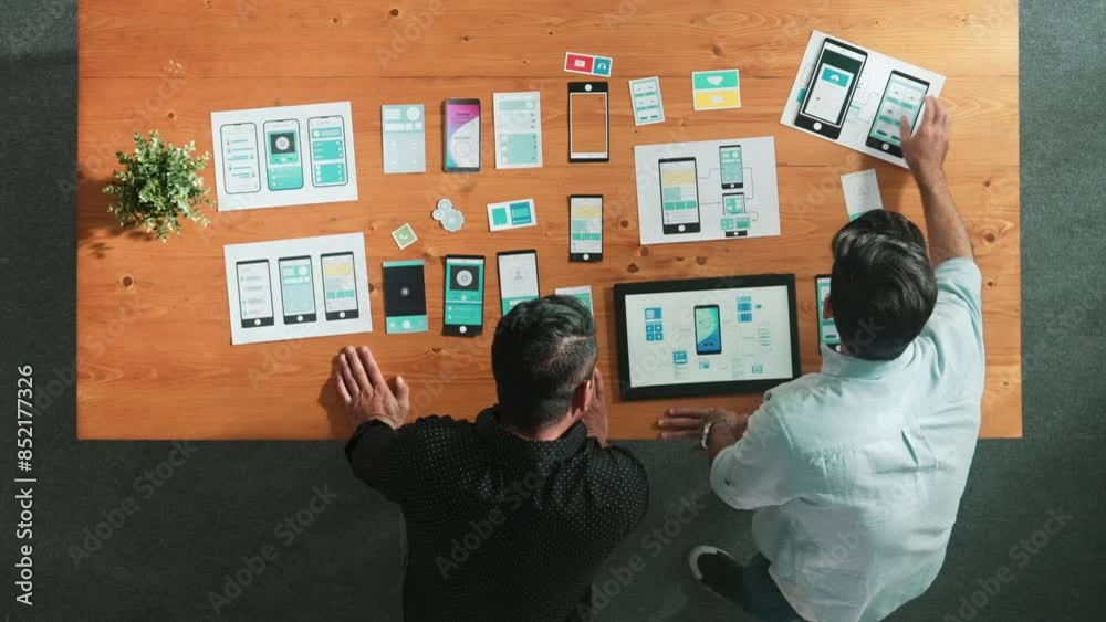 Poster software developer team holding software icon and discussing about ux ui design for mobile phone int