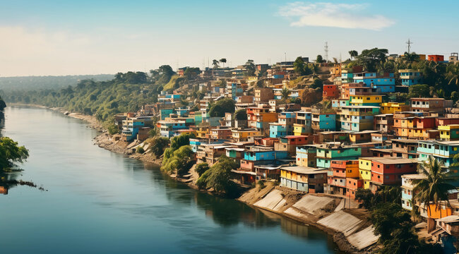 A panoramic view of the cityscape along Chone River, showcasing colorful shanty houses on hillsides and riverbank views