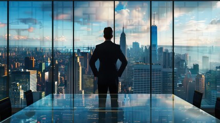 Back view of successful manager looking at the city from his office. Generative AI