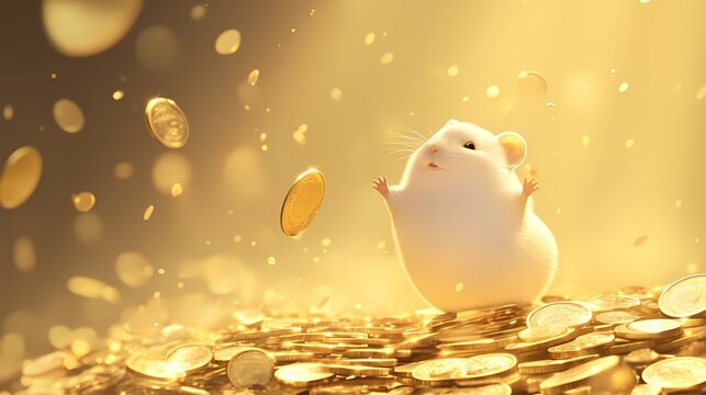 Cute little rich hamster sitting on a pile of coins on yellow background with falling money around. Hamster Kombat game on cryptocurrency mining. Banner with copy space