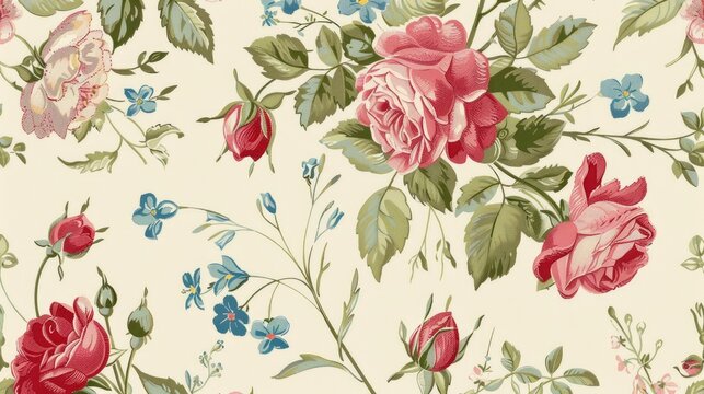 A charming vintage seamless pattern featuring shabby chic roses tulips and forget me nots designed in a classic chintz floral style for both web and print use