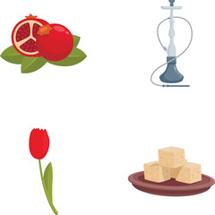 A diverse collection of illustrated items including fruit, smoking pipe, flower, and sweets