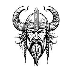 Fantastic Viking with Helmet, Armor on the White background. Hand-drawn illustration for mascot sport logo badge label sign poster emblem patch t-shirt printing.
