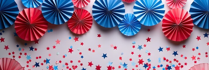 Naklejka premium 4th of July background, USA Presidents Day, Independence Day, Memorial day, US election concept. Red white and blue paper fans with stars confetti. Flat lay, top view, banner