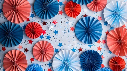 4th of July background, USA Presidents Day, Independence Day, Memorial day, US election concept. Red white and blue paper fans with stars confetti. Flat lay, top view, banner