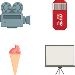 Collection of colorful icons representing film and entertainment, including cinema items