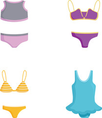 Set of stylish women's lingerie and swimwear icons, isolated on white