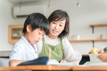 Fototapeta premium 自宅のリビング・ダイニングで勉強・宿題をする小学生の子供と勉強を教える母親 
