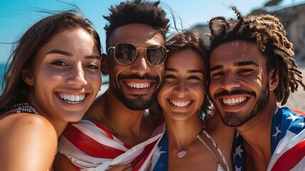 Fototapeta premium Happy people wrapped in American flags smiling and hugging each other. independence day