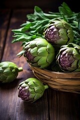 Fototapeta premium shly harvested artichokes displayed on a rustic wooden table.