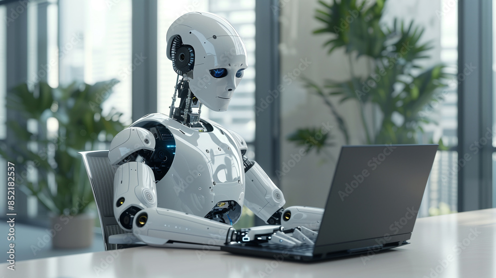 Poster ai replacing human in jobs concept photo. humanoid robot sitting at desk in office typing on laptop.