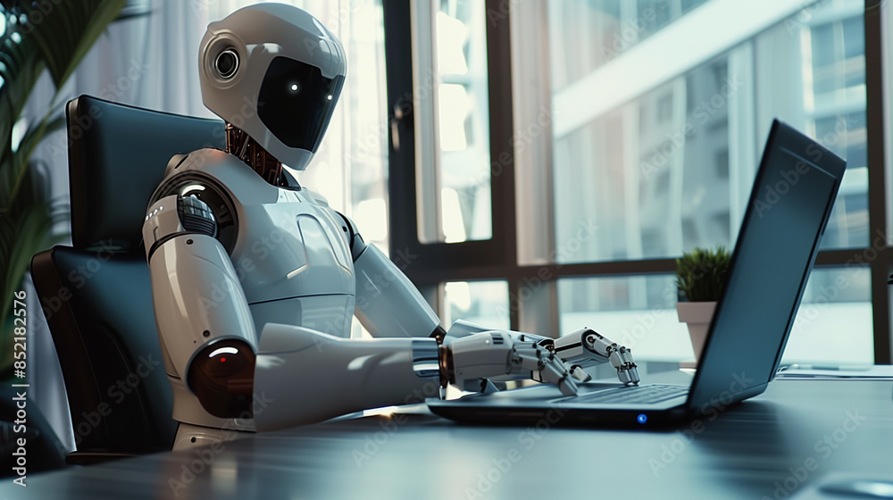 Poster ai replacing human in jobs concept photo. humanoid robot sitting at desk in office typing on laptop.