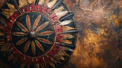 Traditional circular feathered decoration on textured rustic background